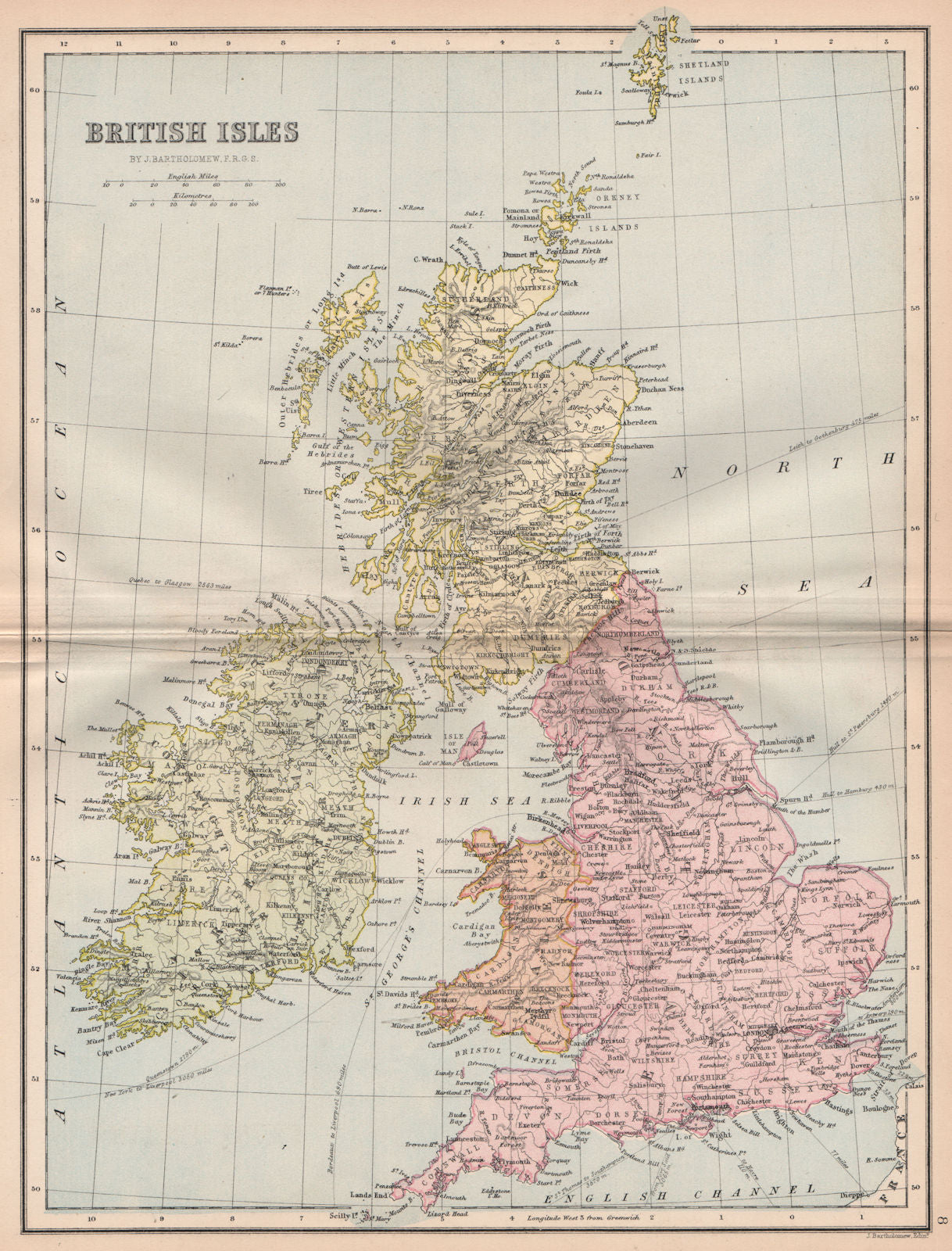 BRITISH ISLES. England Ireland Scotland Wales. BARTHOLOMEW 1878 old map